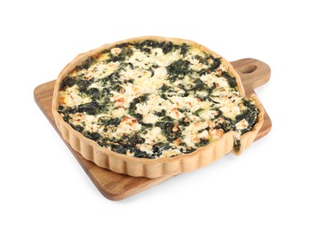 Photo of Delicious homemade spinach quiche isolated on white