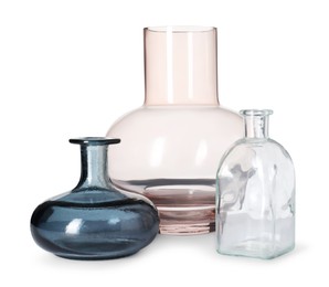 Photo of Many different stylish vases isolated on white