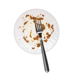 Photo of Dirty plate and fork on white background, top view