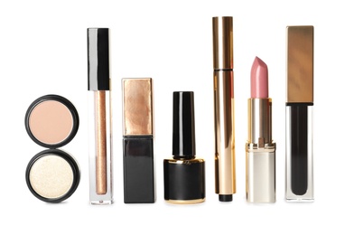 Photo of Set of luxury makeup products on white background