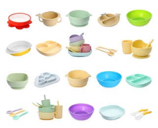 Image of Set with colorful dishware on white background. Serving baby food