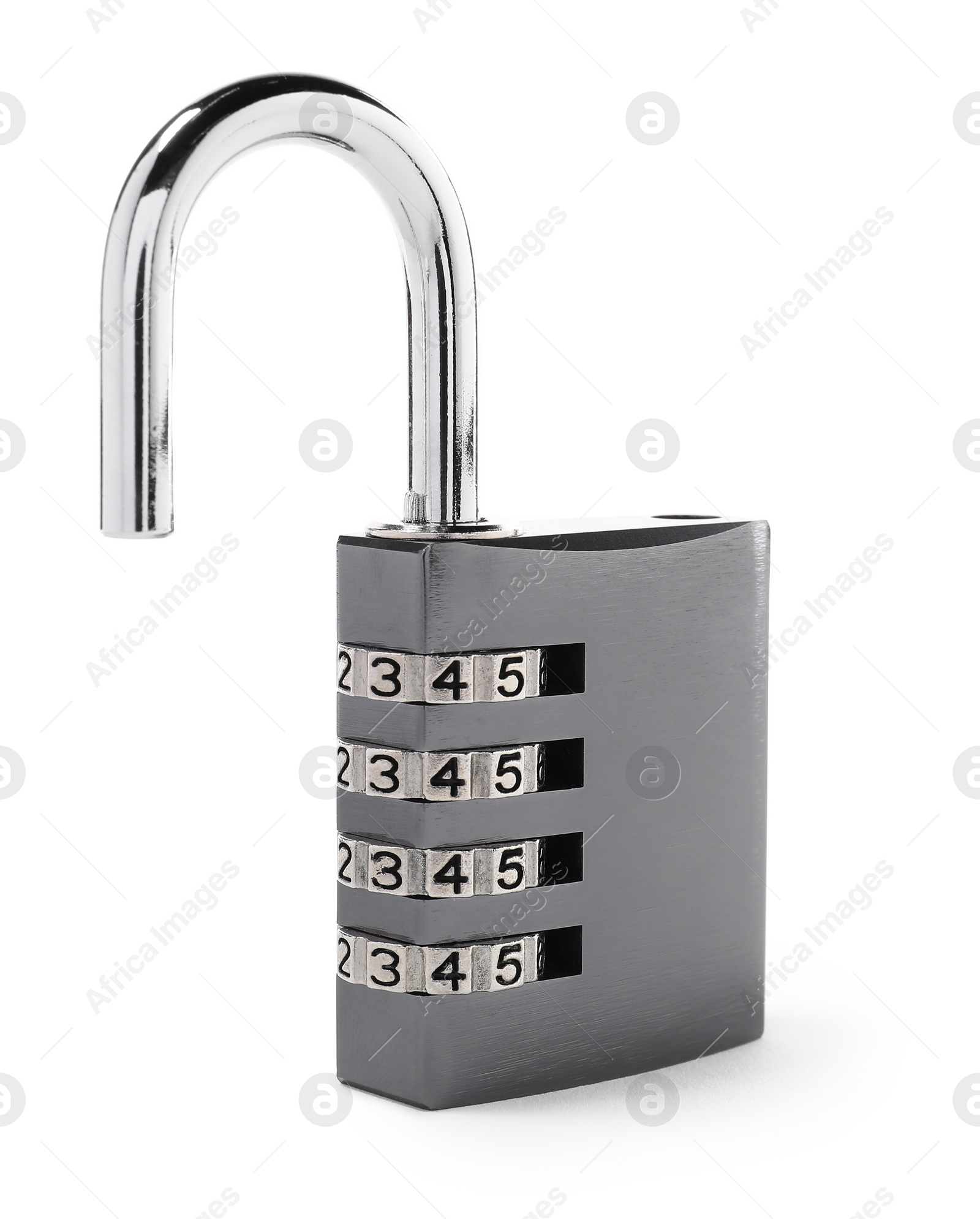 Photo of Unlocked steel combination padlock isolated on white