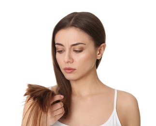 Photo of Woman with damaged hair on white background. Split ends