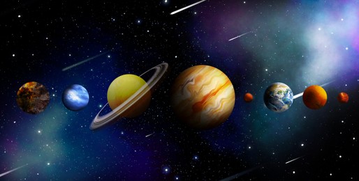 Illustration of Many different planets, comets and stars in open space, illustration. Banner design