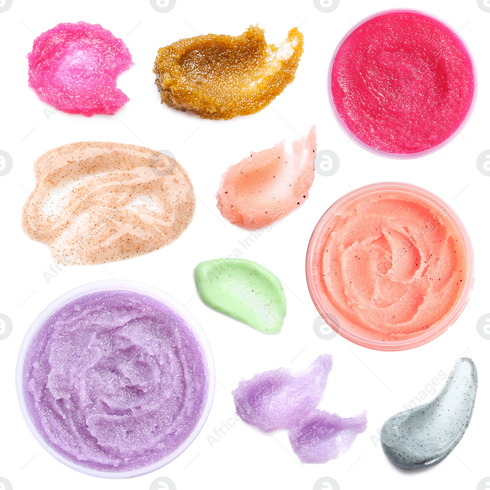 Image of Set with different samples and containers of natural scrubs on white background, top view  