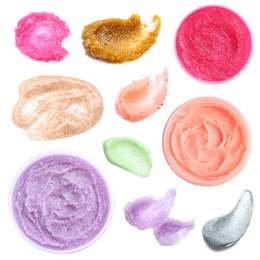Set with different samples and containers of natural scrubs on white background, top view  