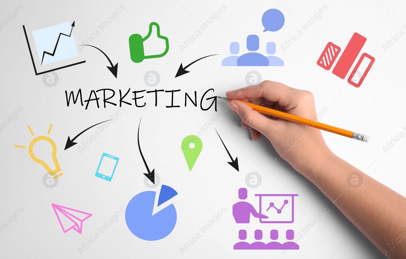 Image of Woman drawing marketing scheme with illustrations on white background, closeup