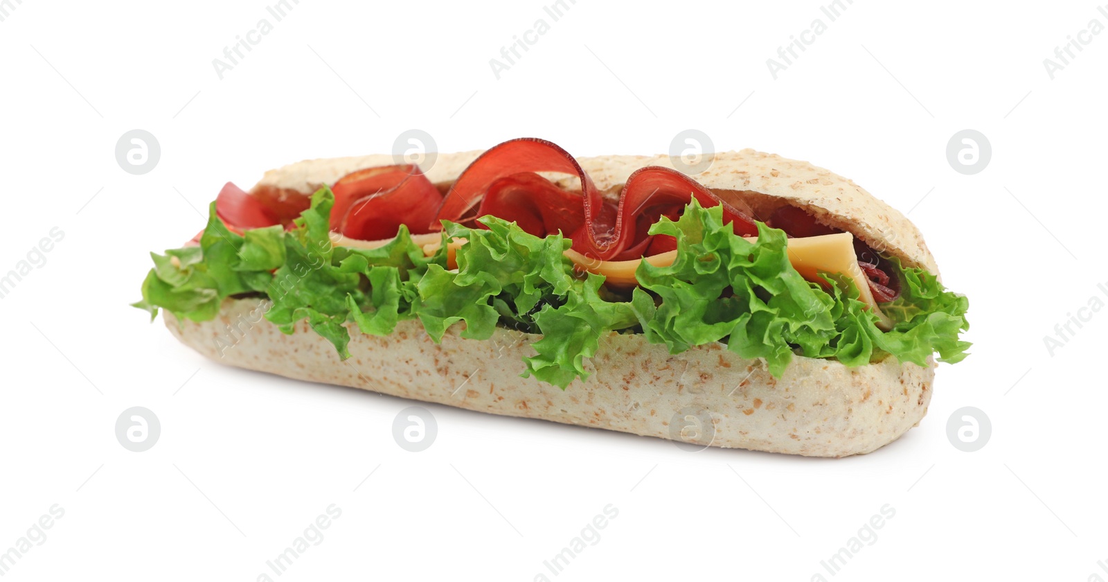 Photo of Delicious sandwich with bresaola, cheese and lettuce isolated on white