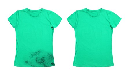 Image of Collage with dirty and clean t-shirt isolated on white. Before and after washing