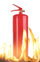 Fire extinguisher surrounded by flame on white background