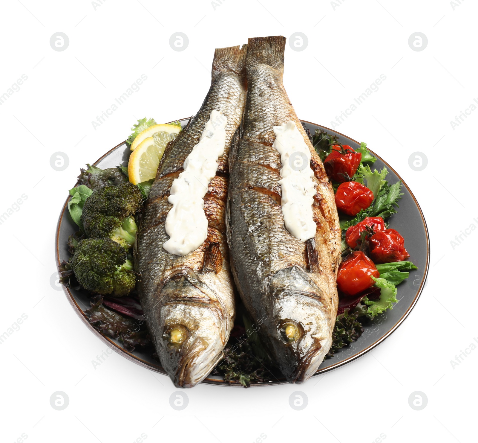 Photo of Plate with delicious sea bass fish and ingredients isolated on white