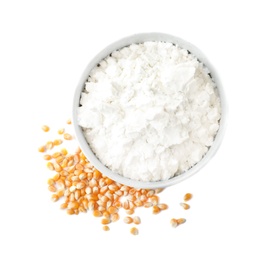 Photo of Bowl with corn starch and kernels on white background, top view