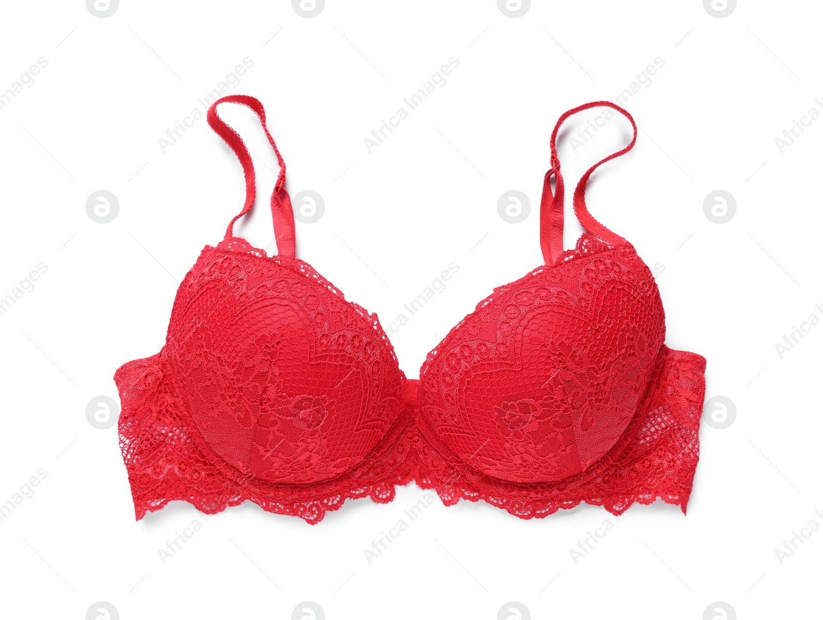 Photo of Elegant red women's underwear isolated on white, top view