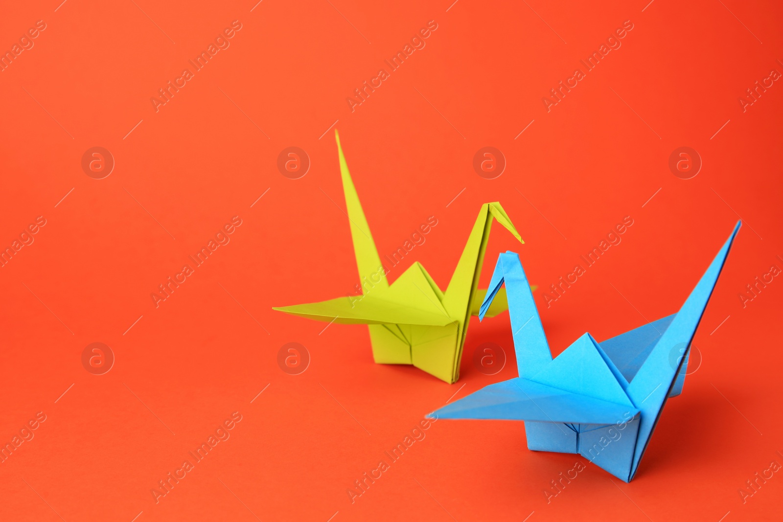 Photo of Origami art. Colorful handmade paper cranes on orange background, space for text