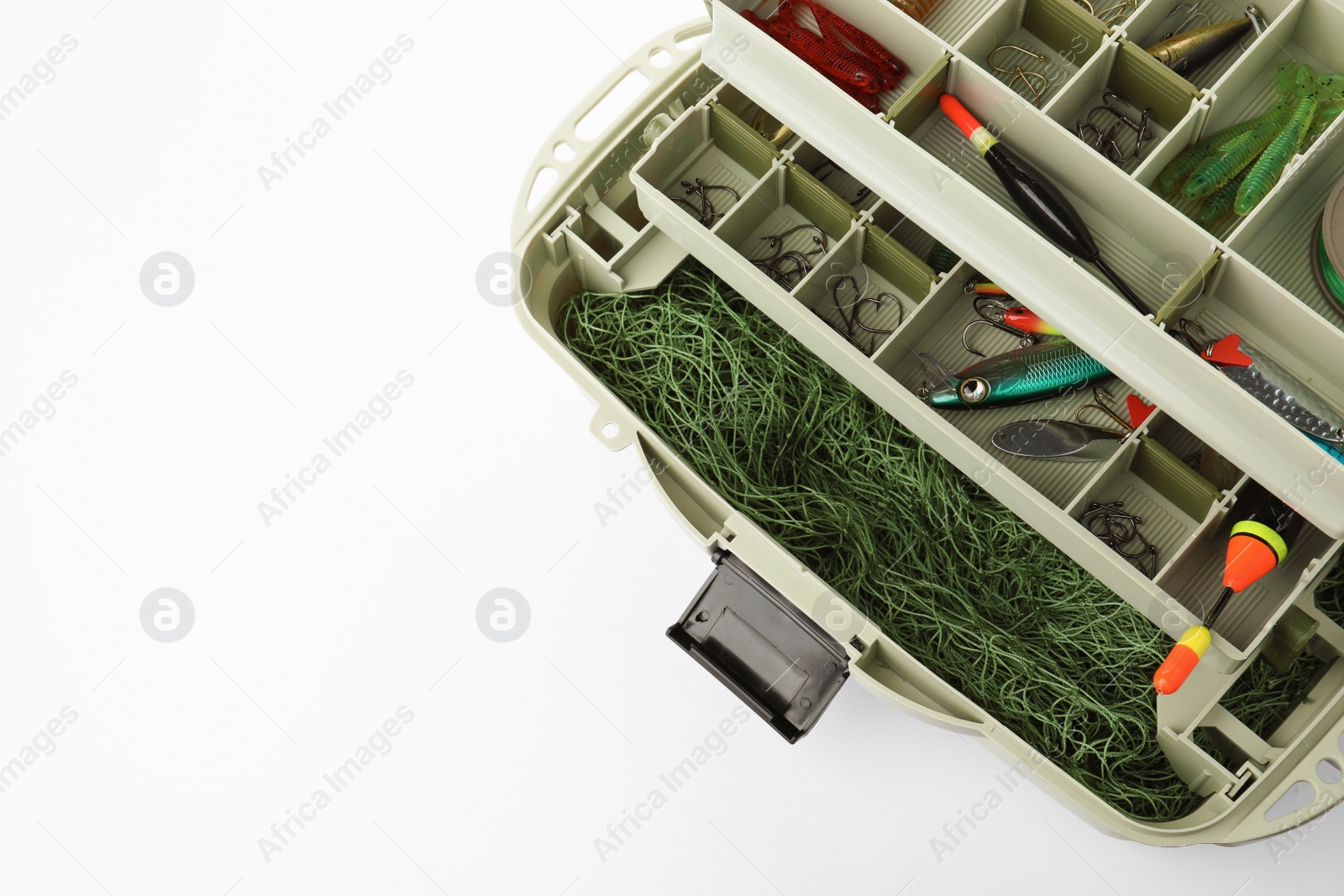 Photo of Box with fishing tackle on white background, above view