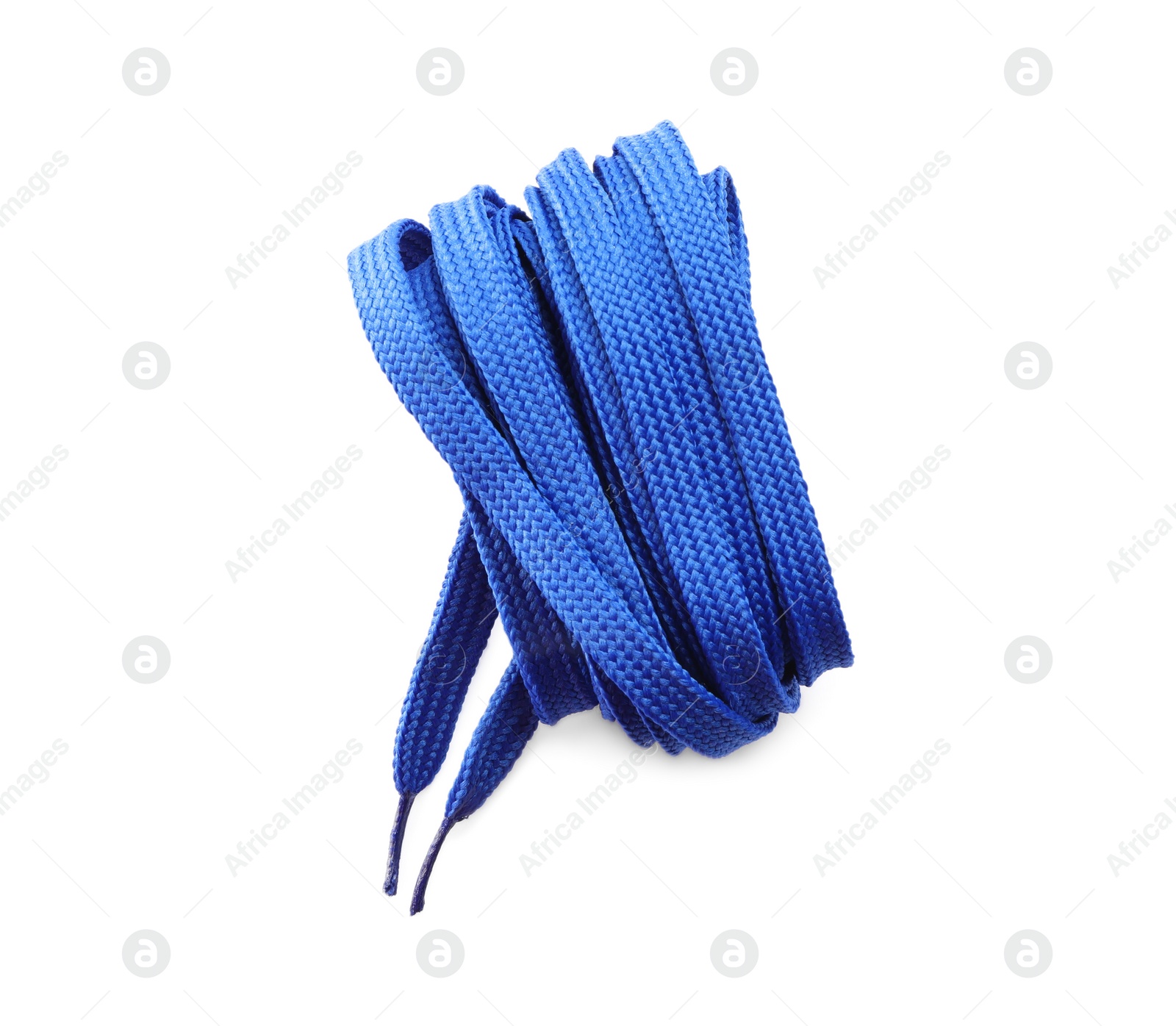 Photo of Blue shoe lace isolated on white, top view