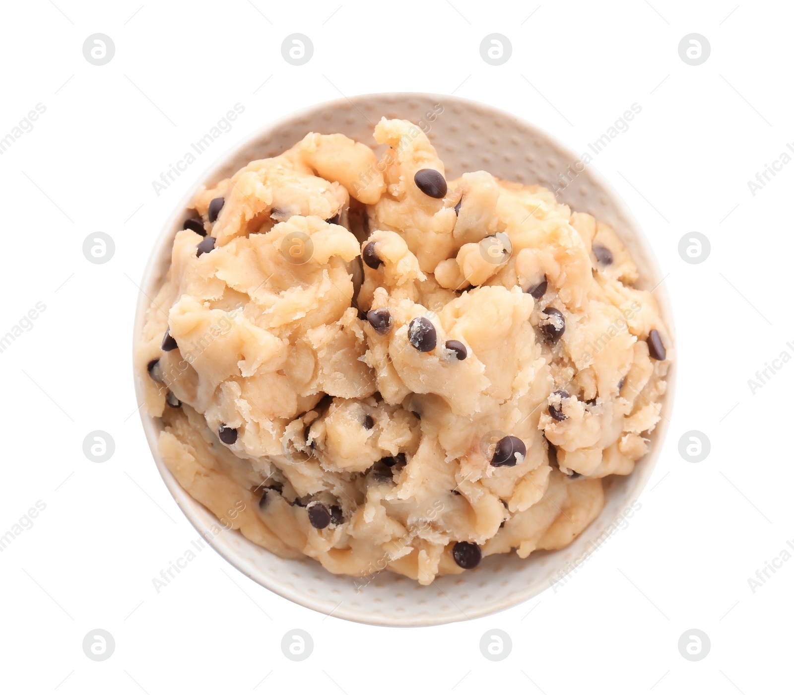 Photo of Raw cookie dough with chocolate chips in bowl on white background, top view