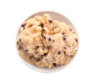 Photo of Raw cookie dough with chocolate chips in bowl on white background, top view