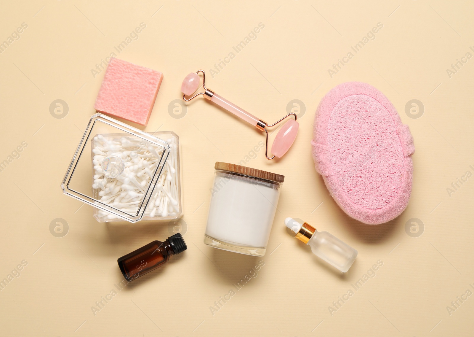 Photo of Bath accessories. Flat lay composition with personal care products on beige background