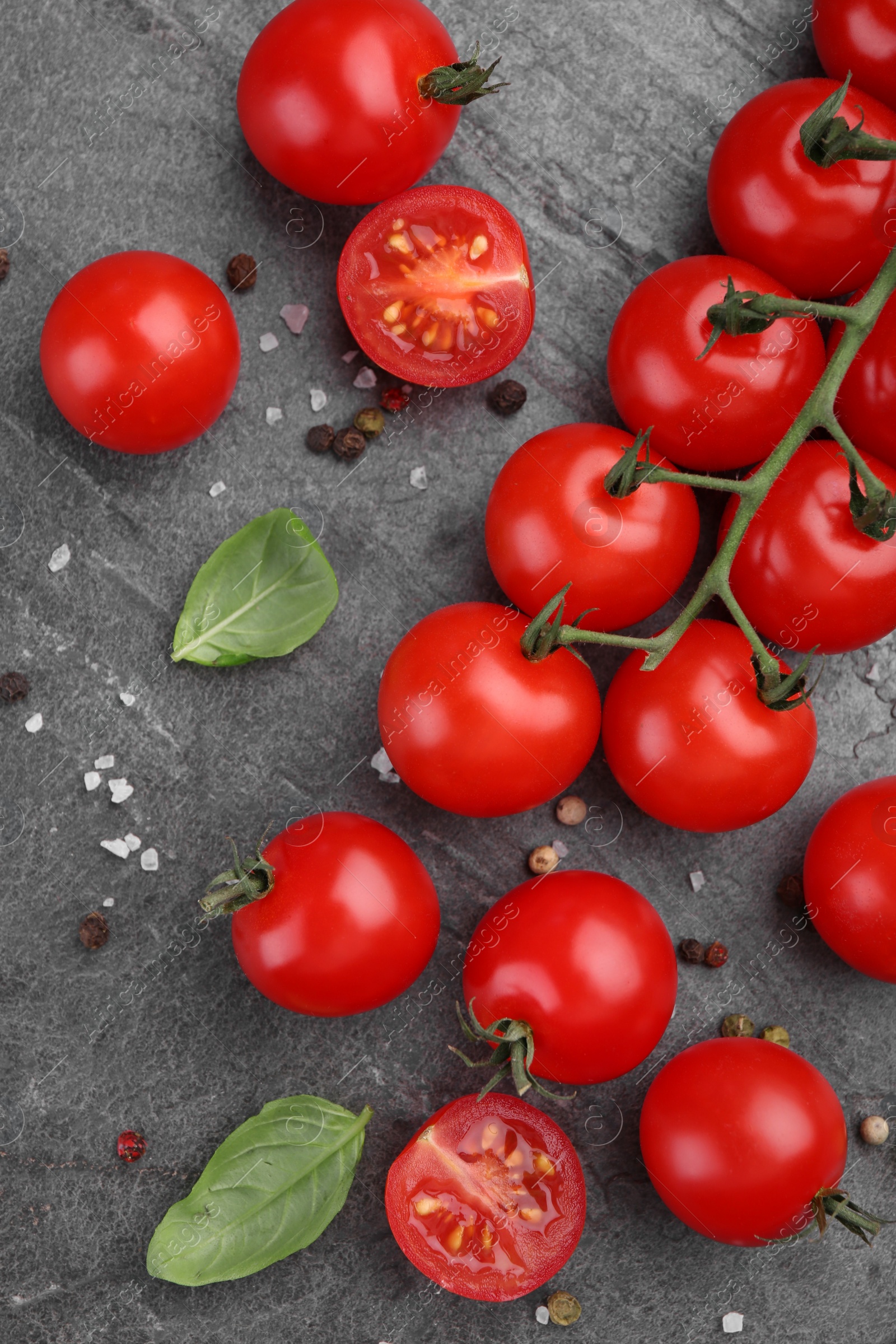 Photo of Ripe tomatoes, basil and spices on gray textured table, flat lay