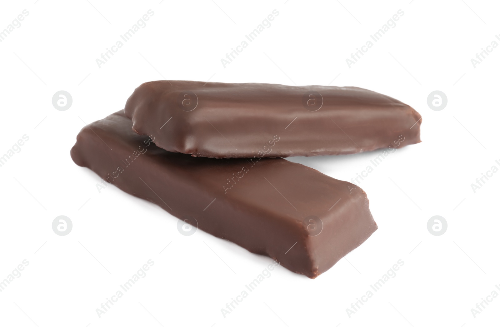 Photo of Tasty chocolate glazed protein bars on white background. Healthy snack