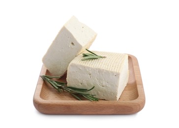 Photo of Pieces of delicious tofu and rosemary on white background. Soybean curd