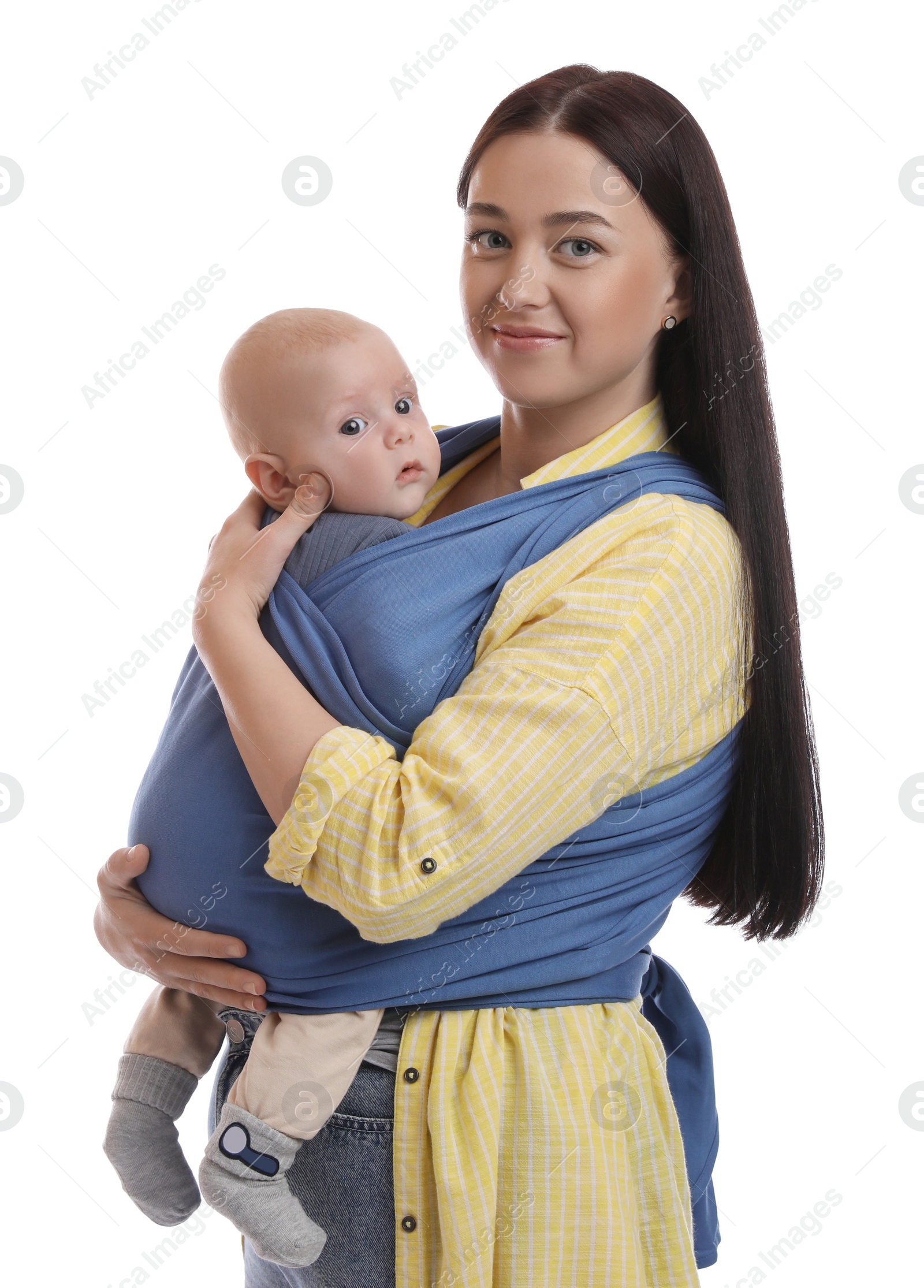 Photo of Mother holding her child in sling (baby carrier) on white background