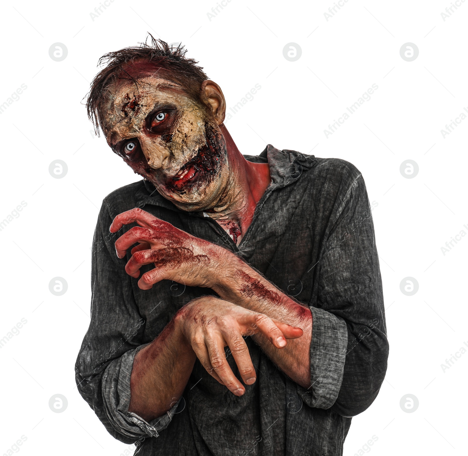 Photo of Scary zombie on white background. Halloween monster