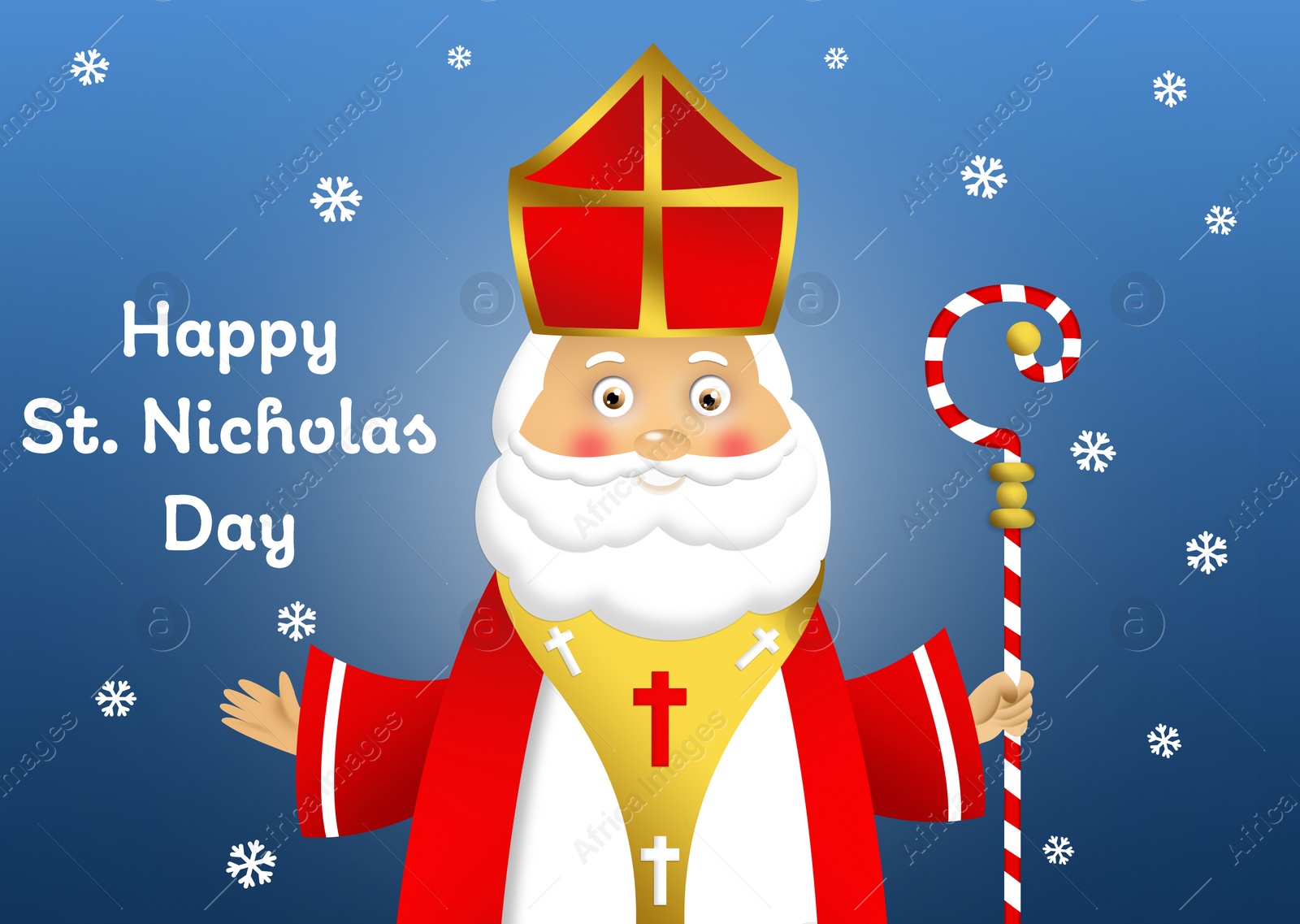 Illustration of Saint Nicholas on blue background, illustration. Greeting card design