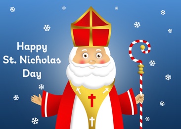 Illustration of Saint Nicholas on blue background, illustration. Greeting card design
