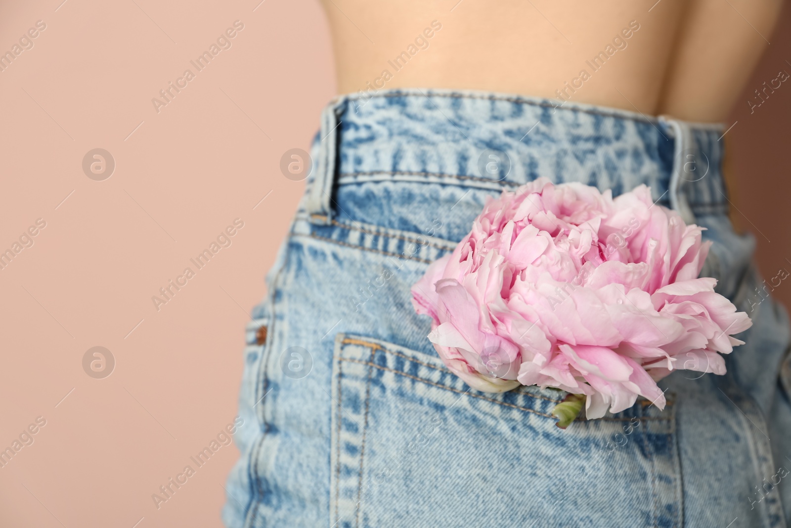 Photo of Woman with pink peony bud in pocket on beige background, closeup