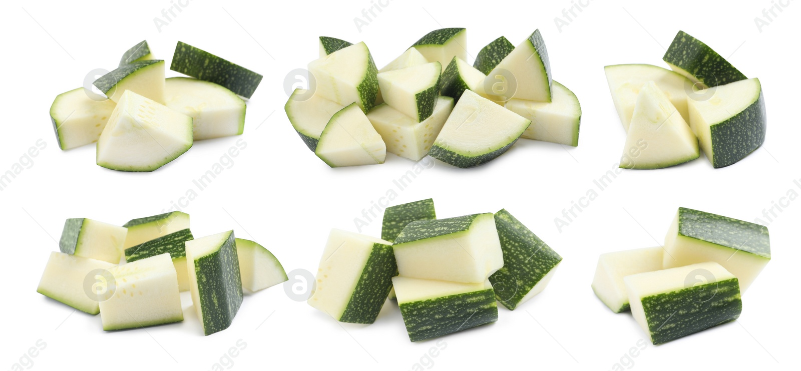 Image of Set with pieces of fresh ripe zucchini on white background. Banner design