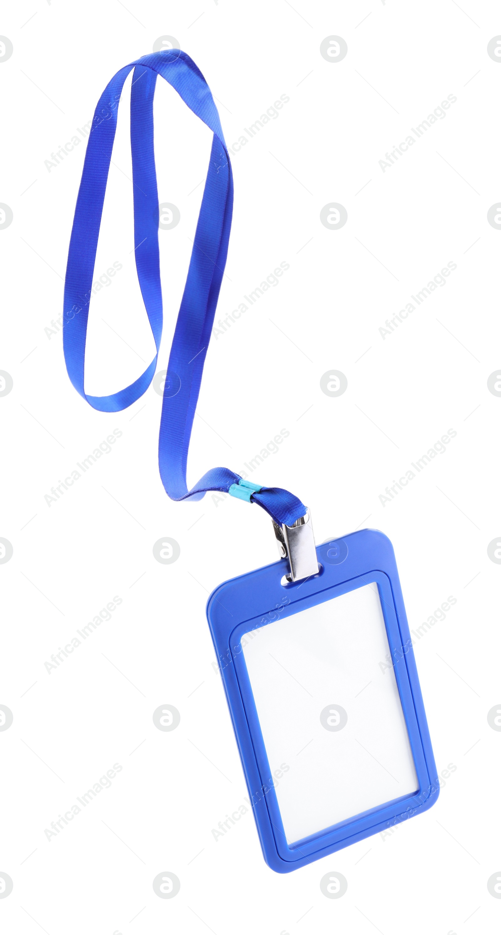 Photo of Blank blue badge with string isolated on white