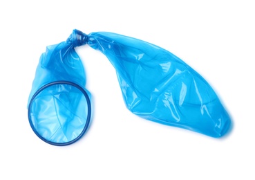 Photo of Blue used condom on white background. Safe sex concept
