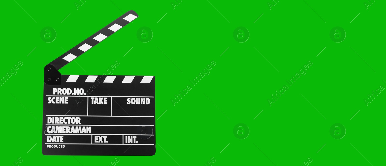 Image of Clapper board on chroma key background, space for text. Banner design