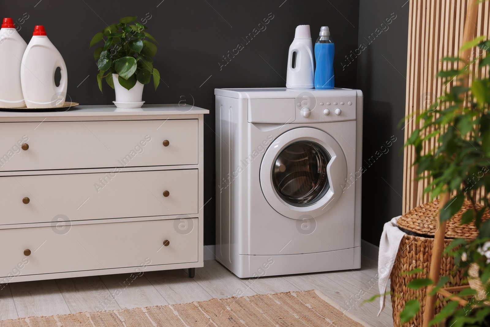 Photo of Laundry room interior with washing machine and furniture