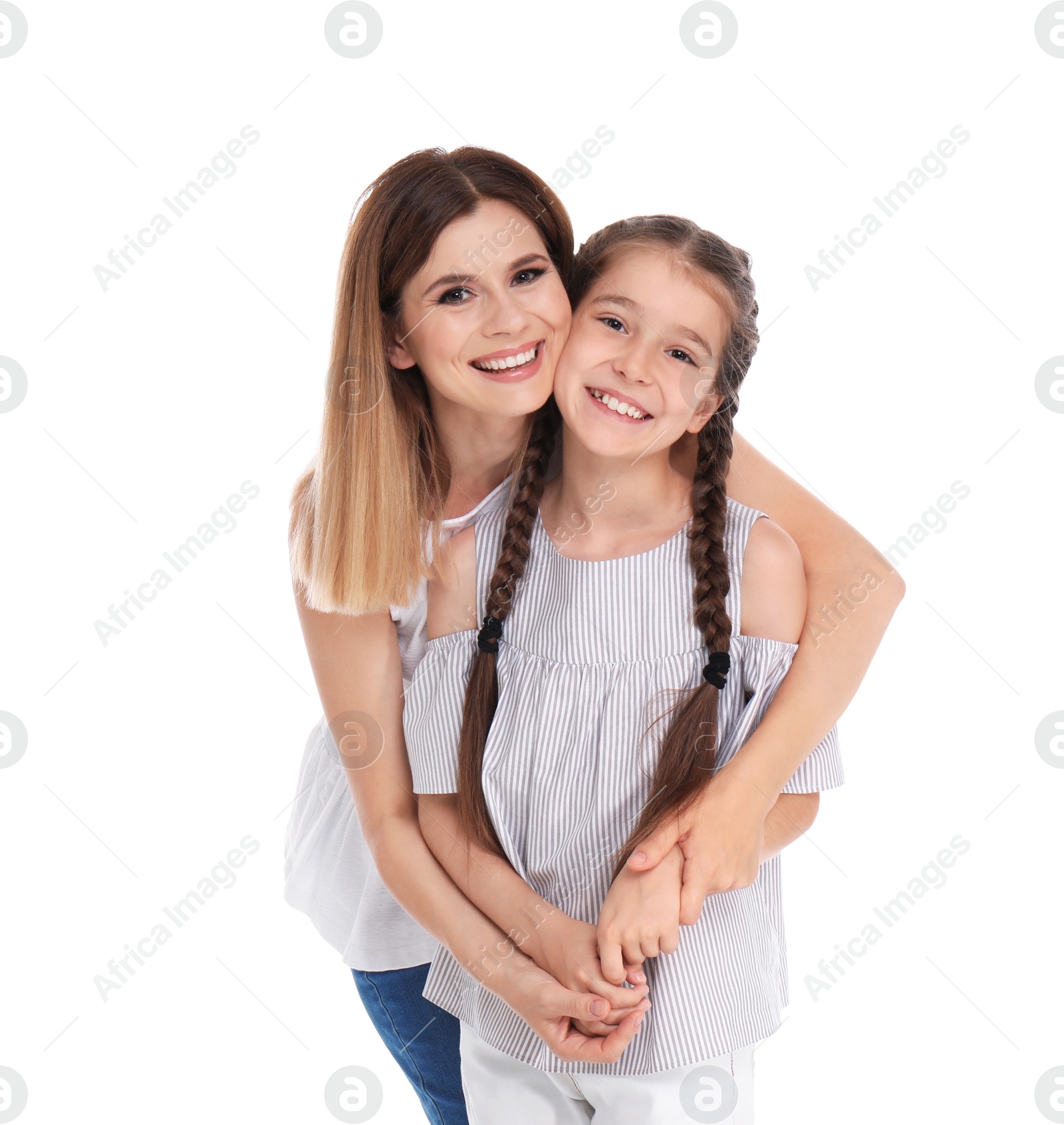 Photo of Mother with child on white background. Happy family