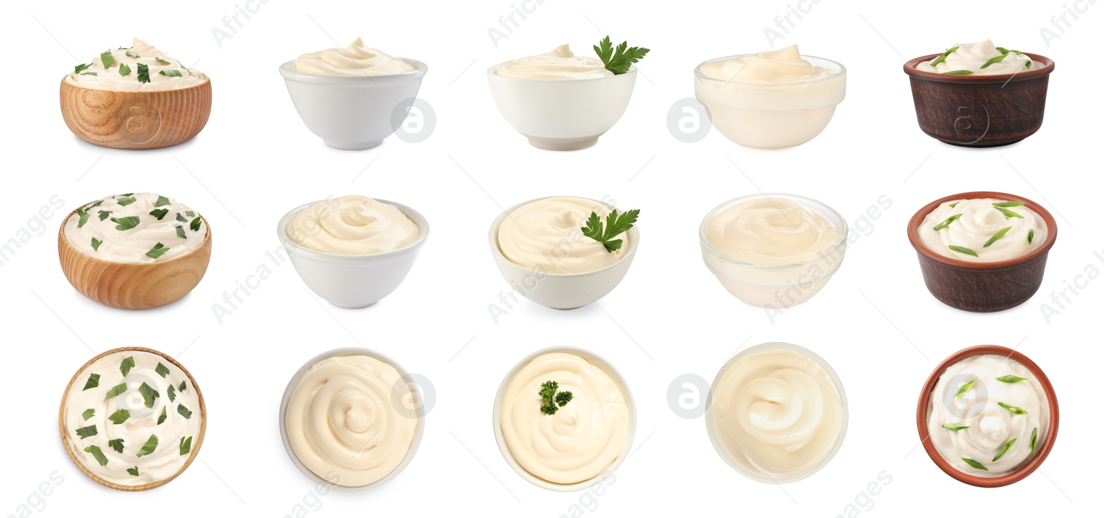 Image of Set with tasty mayonnaise on white background. Banner design