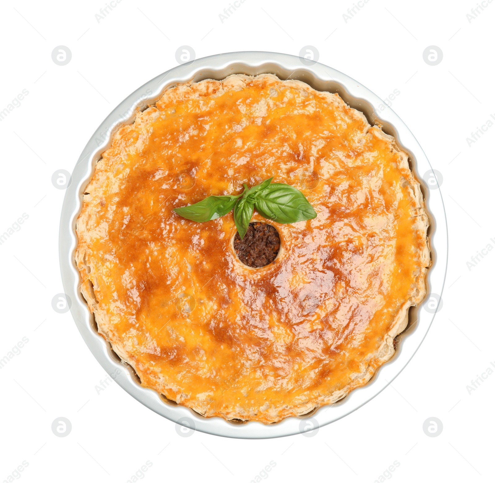 Photo of Delicious pie with minced meat on white background. top view