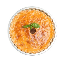 Photo of Delicious pie with minced meat on white background. top view