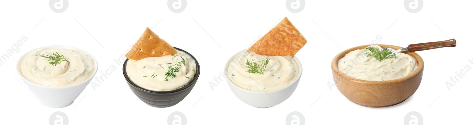 Image of Set with tasty creamy dill sauce on white background. Banner design