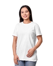 Woman wearing stylish t-shirt on white background