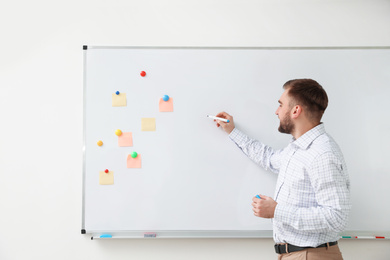 Portrait of young teacher writing on whiteboard in classroom