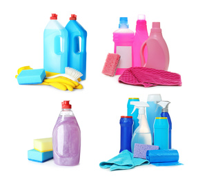 Image of Set with different cleaning supplies on white background