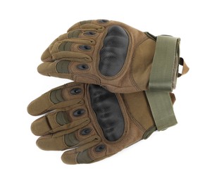 Photo of Tactical gloves on white background, top view. Military training equipment