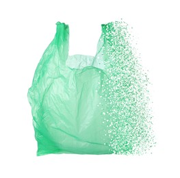Image of Green disposable bag vanishing on white background. Plastic decomposition