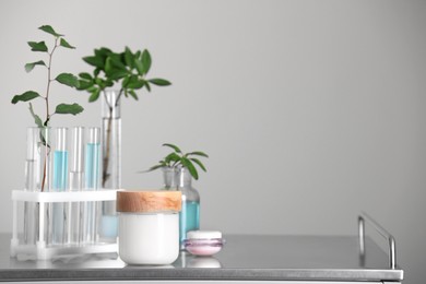 Many containers and glass tubes with leaves on metal table against light grey background, space for text