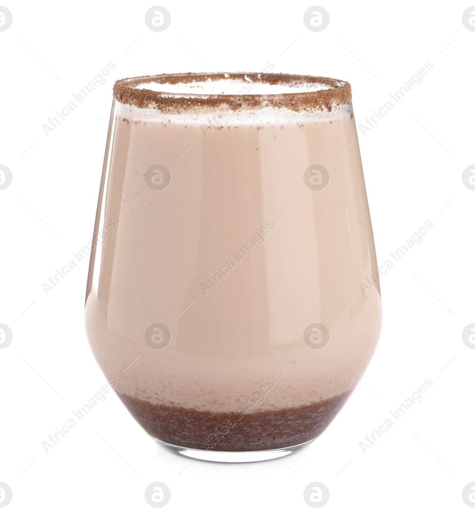 Photo of Delicious Christmas liqueur in glass on white background