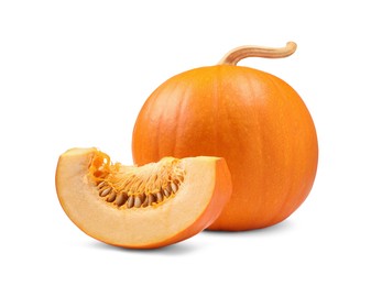 Photo of Whole and cut fresh ripe pumpkins isolated on white