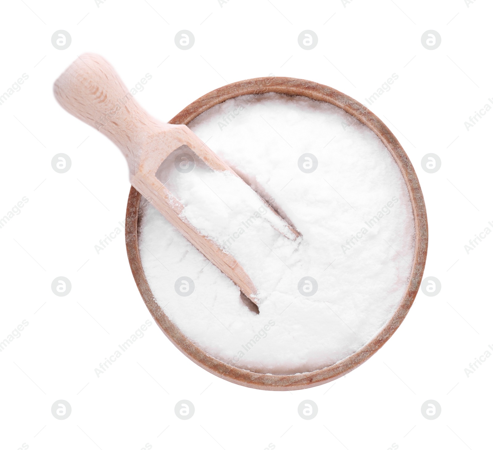 Photo of Bowl with sweet fructose powder and scoop isolated on white, top view